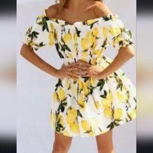 Besty Johnson off shoulders lemon print midi length dress